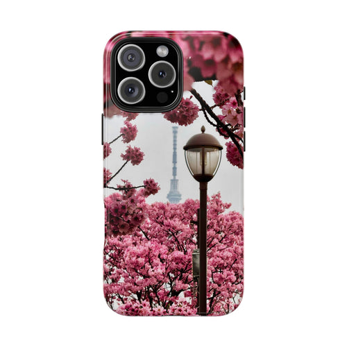Japanese Pagoda Cherry Blossom Tough Phone Case — Protective Floral Temple Phone Case